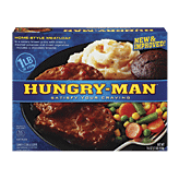 Hungry-Man  home-style meatloaf with creamy mashed potatoes and mixed vegetables, includes a chocolate brownie Full-Size Picture